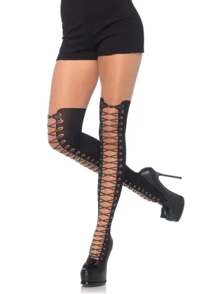 All Tied Up Pantyhose With Opaque Faux Thigh High Boot Detail - One Size